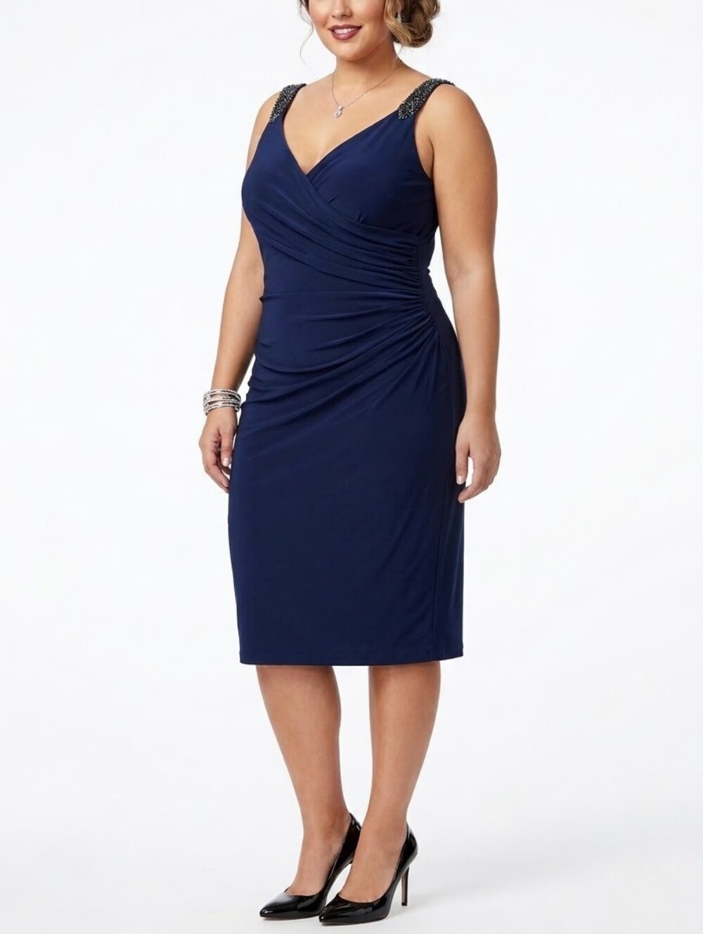 LRL Elegant Ruched Cocktail Evening Dress Beaded Straps Keyhole Indigo Size 18